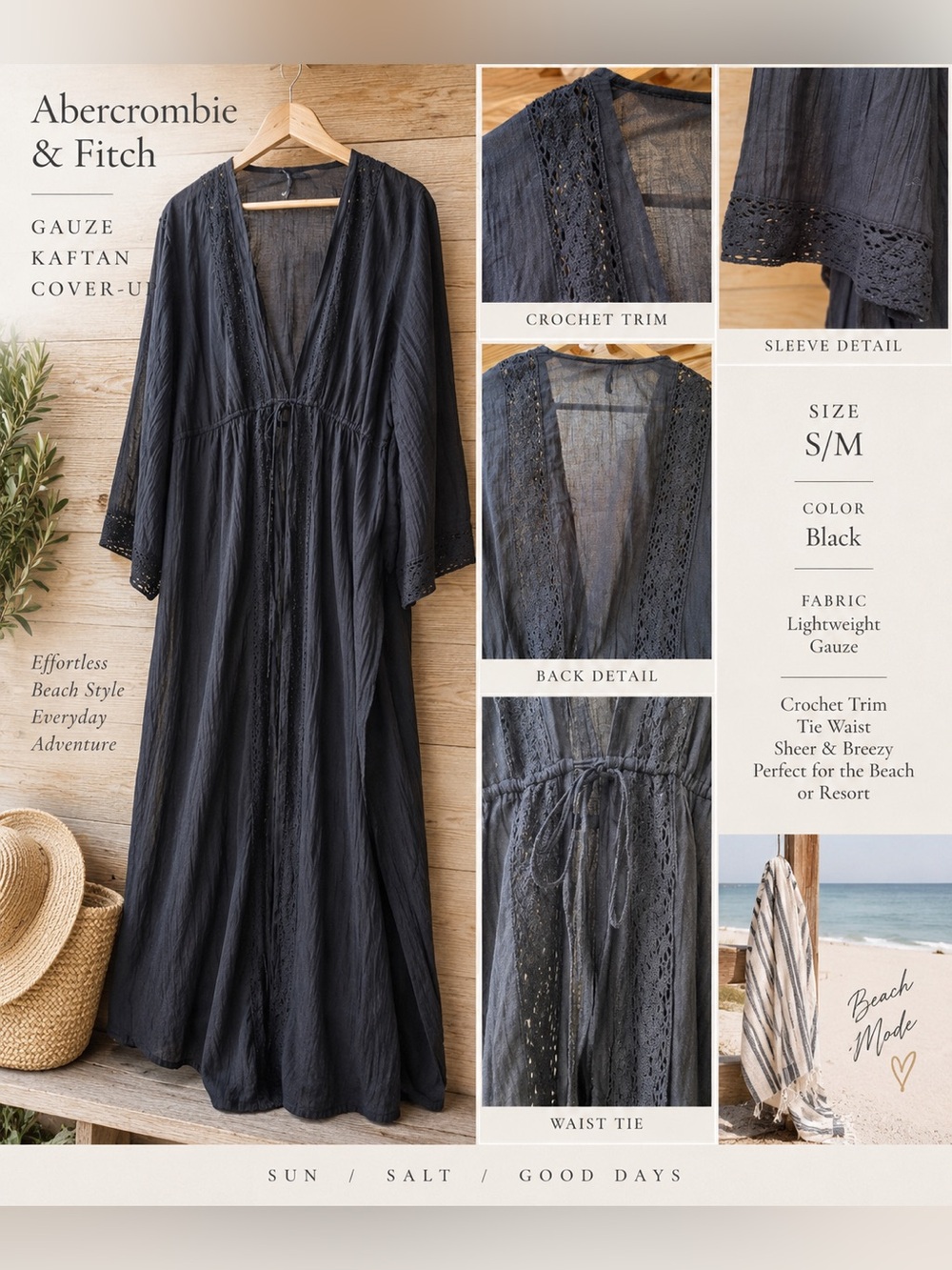 Abercrombie & Fitch Gauze Crochet Trim Kaftan Cover-Up S/M Black Boho Beach
